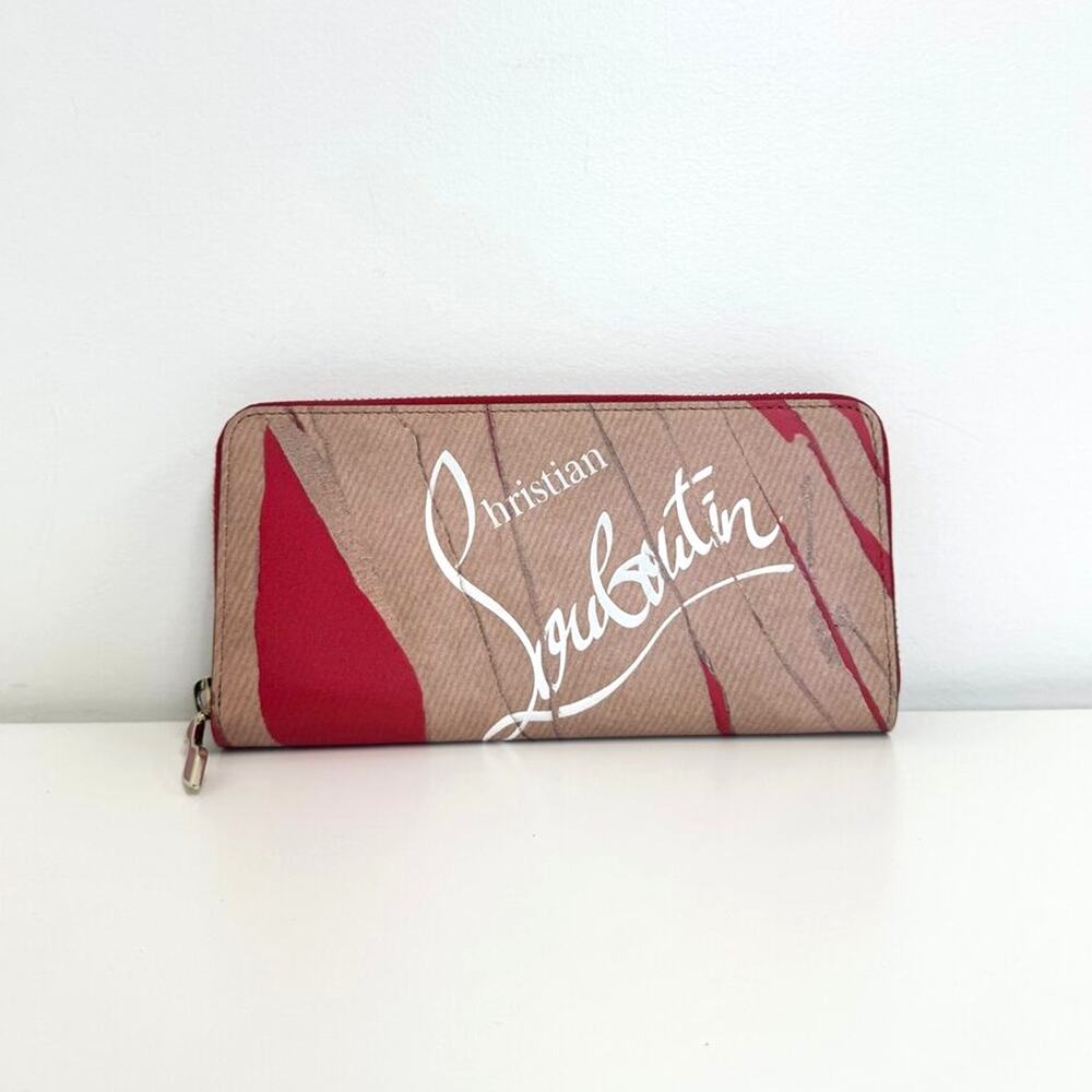 CHRISTIAN LOUBOUTIN Panettone Zip-around Continental Wallet Tan Red White Logo